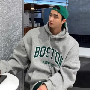 Heavyweight Grey Hoodie Men's Spring Autumn Kangaroo Pocket Letter Print Casual Loose Fit Overhead Sweatshirt Jacket